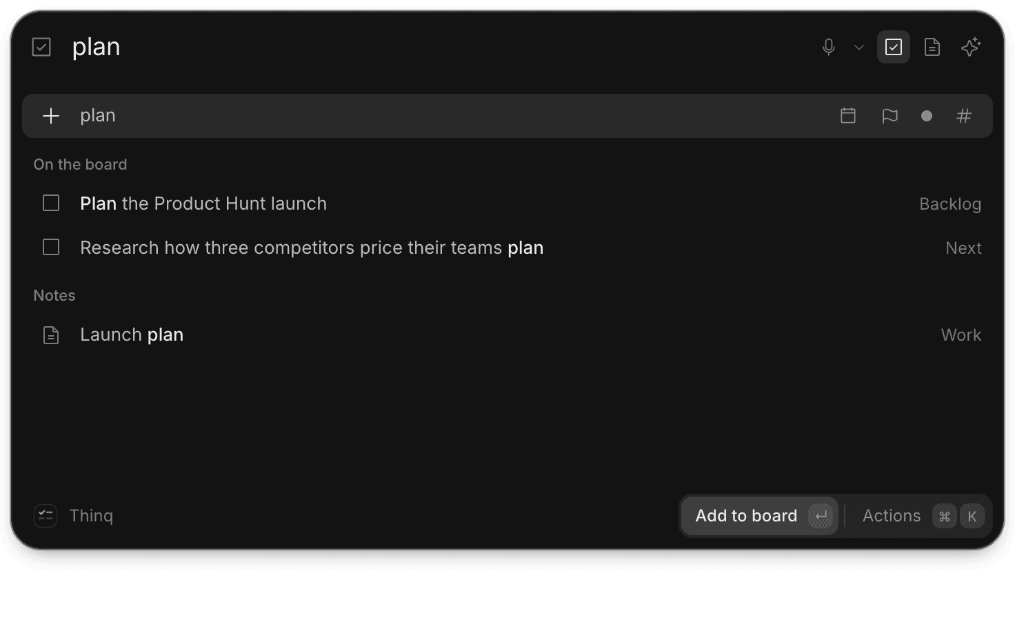 Quick capture finding cards and a note as you type